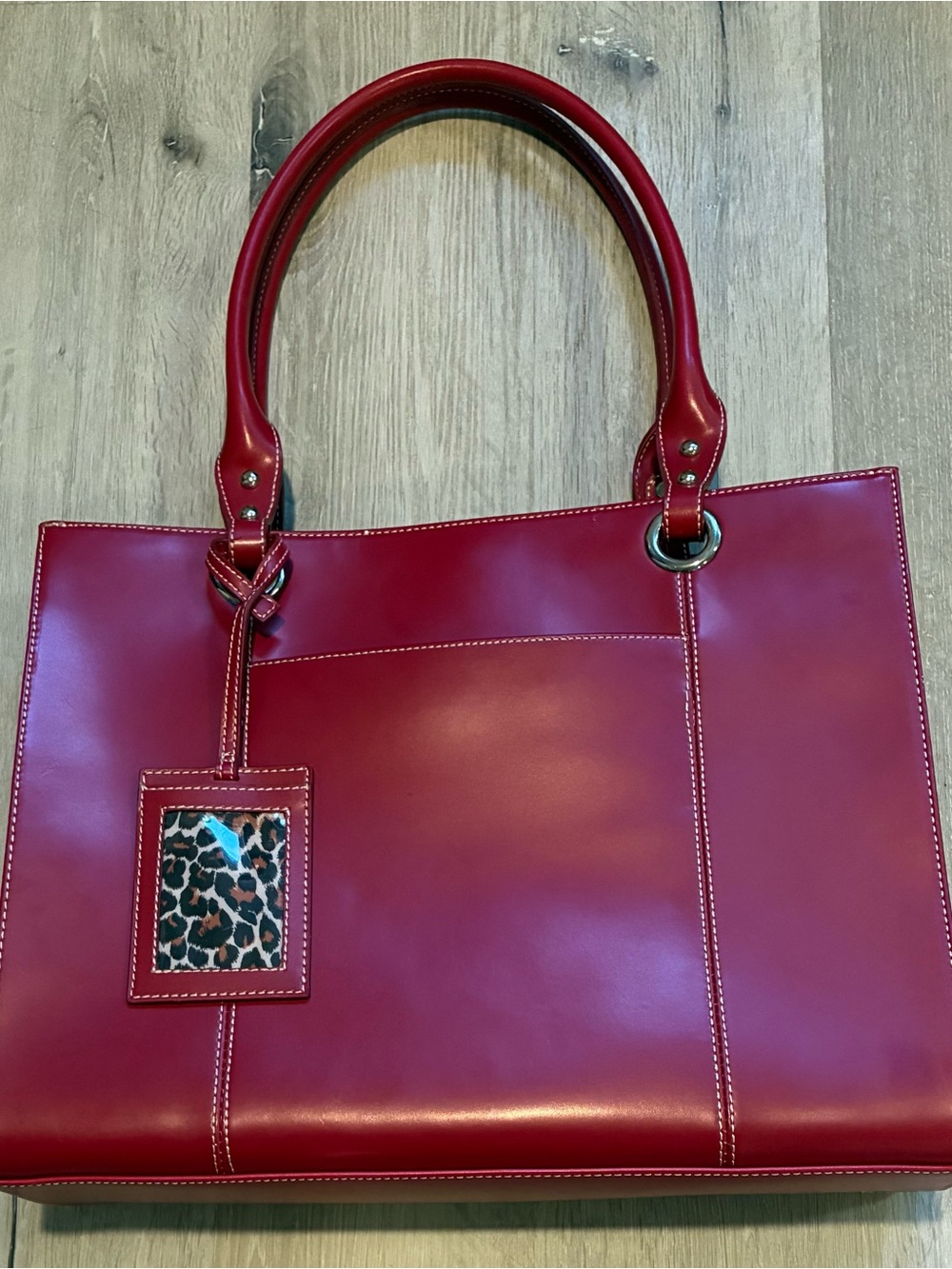 Wilsons Leather Red Leather Tote with Leopard ID Tag